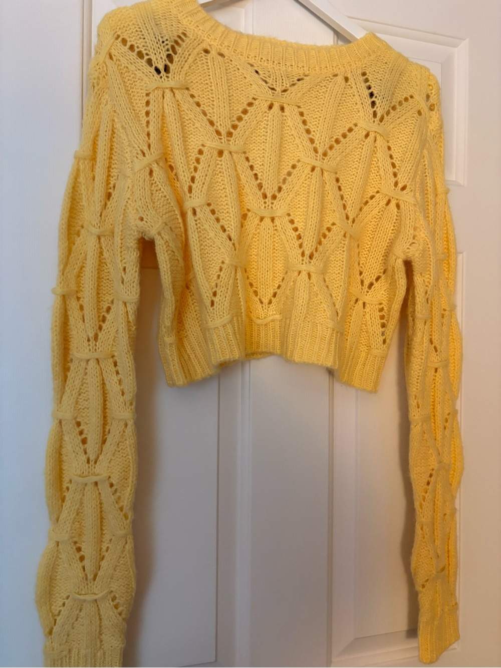 Forever 21 Pale Yellow Open-Knit Cropped Crewneck Sweater